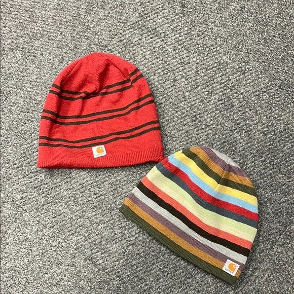 Carhartt Womens Beanie Hats Lot of 2 stripes reversaible fleece red colorful - Picture 1 of 5